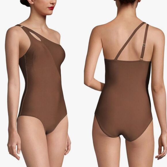 Lands' End Tummy Control UPF 50 Asymmetrical Swimsuit Brown SZ 14 Large - Picture 1 of 11